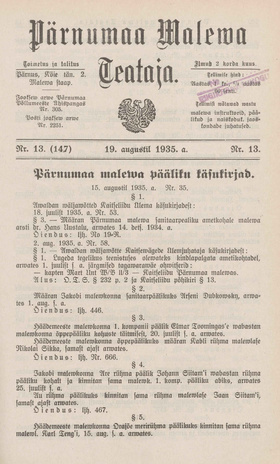 Pärnumaa Maleva Teataja ; 13 (147) 1935-08-19