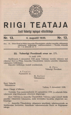 Riigi Teataja. Eesti Vabariigi lepingud välisriikidega ; 13 1939-08-04