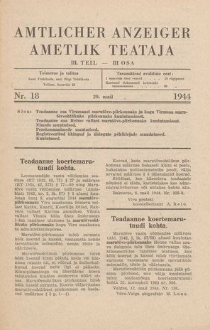 Ametlik Teataja. III osa = Amtlicher Anzeiger. III Teil ; 18 1944-05-20