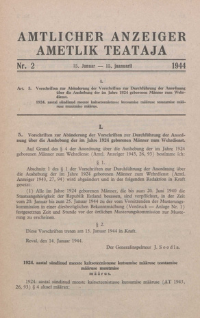 Ametlik Teataja. I/II osa = Amtlicher Anzeiger. I/II Teil ; 2 1944-01-15