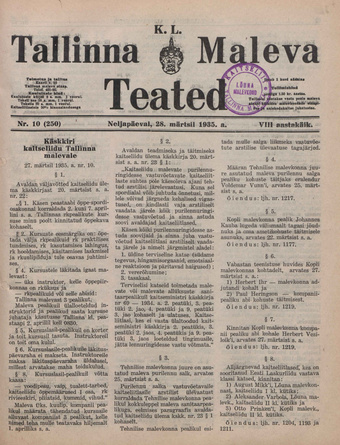 K. L. Tallinna Maleva Teated ; 10 (250) 1935-03-28