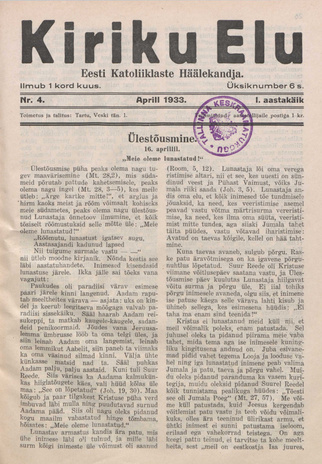 Kiriku Elu : Eesti Katoliiklaste Häälekandja ; 4 1933-04