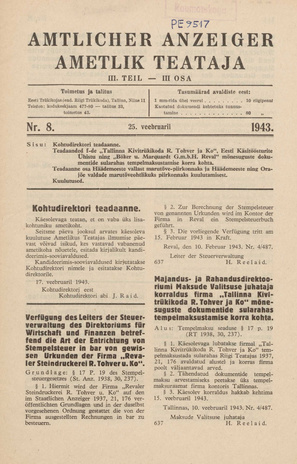 Ametlik Teataja. III osa = Amtlicher Anzeiger. III Teil ; 8 1943-02-25