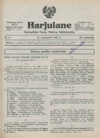 Harjulane : Kaitseliidu Harju Maleva häälekandja ; 9 1939-09-27