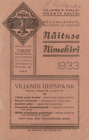 Viljandi Eesti Põllumeeste Seltsi põllumajanduse-, tööstuse ja käsitöö näituse nimekiri : 1933