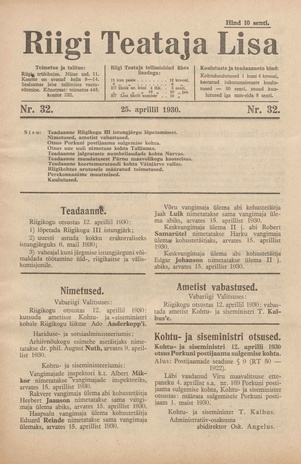 Riigi Teataja Lisa : seaduste alustel avaldatud teadaanded ; 32 1930-04-25