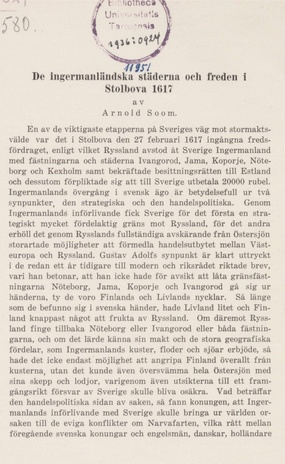 De ingermanländska städerna och freden i Stolbova 1617