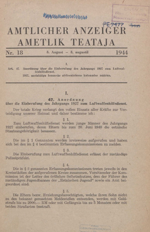 Ametlik Teataja. I/II osa = Amtlicher Anzeiger. I/II Teil ; 18 1944-08-08