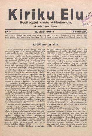 Kiriku Elu : Eesti Katoliiklaste Häälekandja ; 6 1936-06-15