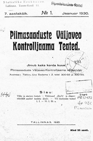 Piimasaaduste Väljaveo Kontrolljaama Teated ; 1 1930-01