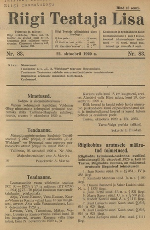 Riigi Teataja Lisa : seaduste alustel avaldatud teadaanded ; 83 1929-10-22