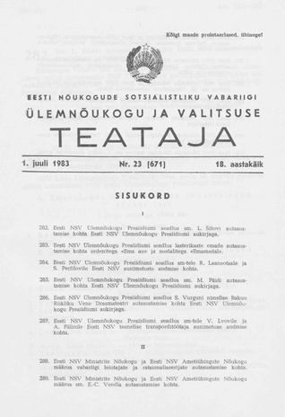 Eesti Nõukogude Sotsialistliku Vabariigi Ülemnõukogu ja Valitsuse Teataja ; 23 (671) 1983-07-01