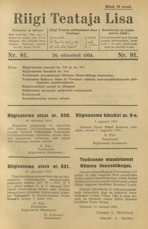 Riigi Teataja Lisa : seaduste alustel avaldatud teadaanded ; 81 1934-10-26