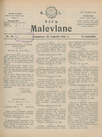 K. L. Viru Malevlane ; 16 1931-08-15