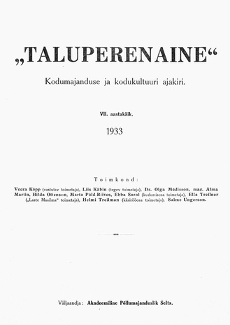 Taluperenaine : kodumajanduse ja kodukultuuri ajakiri ; sisukord 1933
