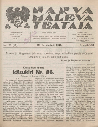 Narva Maleva Teataja ; 24 (69) 1934-12-18