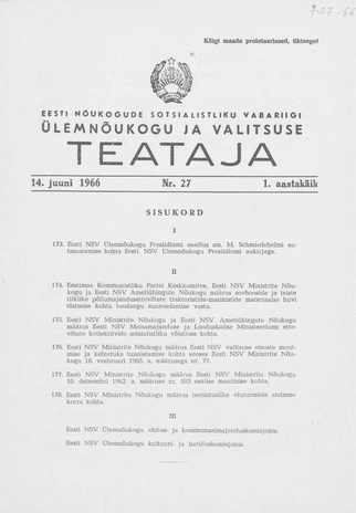 Eesti Nõukogude Sotsialistliku Vabariigi Ülemnõukogu ja Valitsuse Teataja ; 27 1966-06-14
