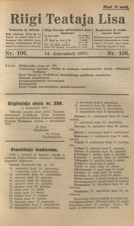 Riigi Teataja Lisa : seaduste alustel avaldatud teadaanded ; 106 1937-12-14