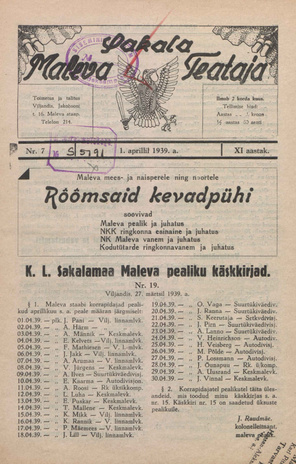 Sakalamaa Maleva Teataja ; 7 1939-04-01