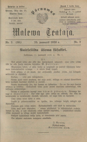 Pärnumaa Maleva Teataja ; 2 (30) 1930-01-25