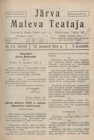 Järva Maleva Teataja ; 1-2 (93-94) 1933-01-23