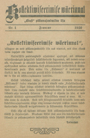 Kollektiviseerimise väerinnal : "Edasi" põllumajandusline lisa ; 1 1930-01