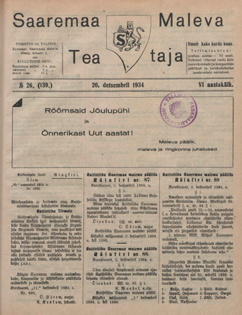 Saaremaa Maleva Teataja ; 26 (139) 1934-12-20
