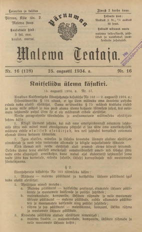 Pärnumaa Maleva Teataja ; 16 (128) 1934-08-25