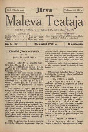 Järva Maleva Teataja ; 8 (32) 1930-04-25