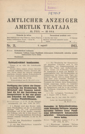 Ametlik Teataja. III osa = Amtlicher Anzeiger. III Teil ; 31 1943-08-06