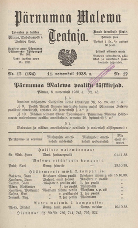 Pärnumaa Maleva Teataja ; 12 (194) 1938-11-11