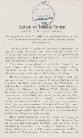 Ergebnisse der Balaton-See-Forschung : Vortrag gehalten am 8. IX. 1938 in der gemeinschaftlichen Sitzung der Naturforscher-Gesellschaft