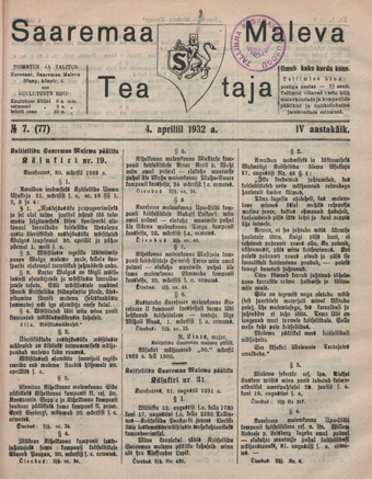 Saaremaa Maleva Teataja ; 7 (77) 1932-04-04