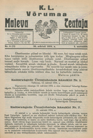 K. L. Võrumaa Maleva Teataja ; 6 (23) 1934-03-26