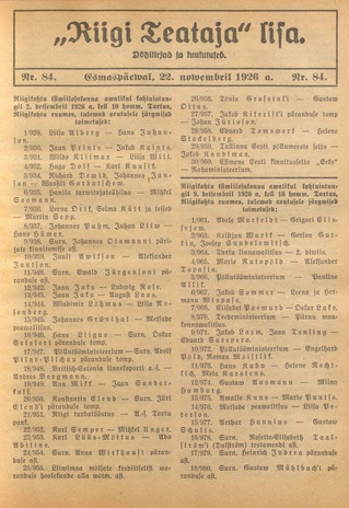 Riigi Teataja Lisa : seaduste alustel avaldatud teadaanded ; 84 1926-11-22