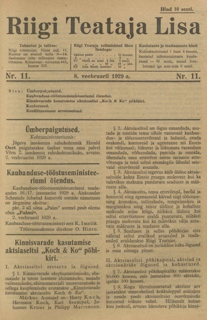 Riigi Teataja Lisa : seaduste alustel avaldatud teadaanded ; 11 1929-02-08
