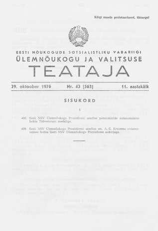 Eesti Nõukogude Sotsialistliku Vabariigi Ülemnõukogu ja Valitsuse Teataja ; 43 (563) 1976-10-29