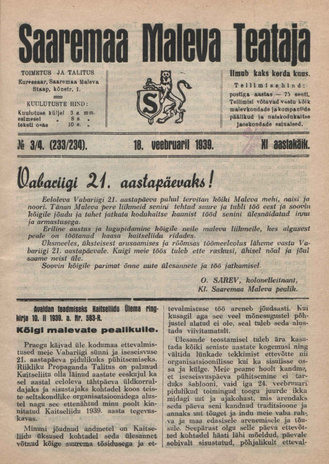 Saaremaa Maleva Teataja ; 3/4 (233/234) 1939-02-18