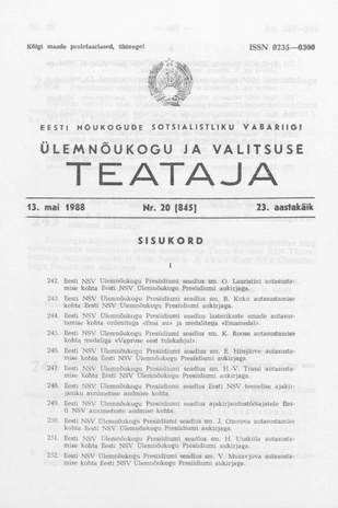 Eesti Nõukogude Sotsialistliku Vabariigi Ülemnõukogu ja Valitsuse Teataja ; 20 (845) 1988-05-13
