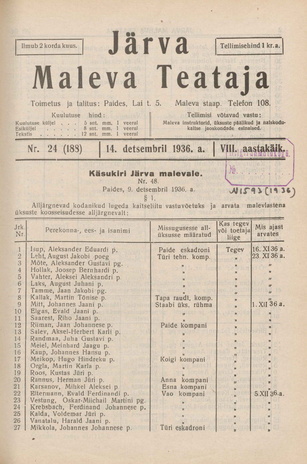 Järva Maleva Teataja ; 24 (188) 1936-12-14