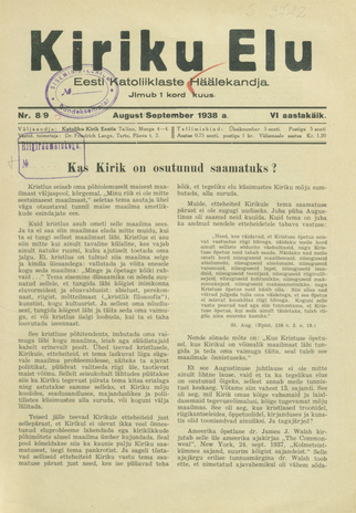 Kiriku Elu : Eesti Katoliiklaste Häälekandja ; 8-9 1938-09-08