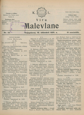 K. L. Viru Malevlane ; 20 1931-10-15