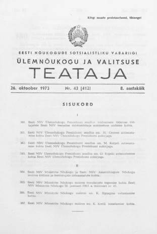Eesti Nõukogude Sotsialistliku Vabariigi Ülemnõukogu ja Valitsuse Teataja ; 43 (412) 1973-10-26