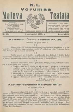 K. L. Võrumaa Maleva Teataja ; 10 1933-09-01