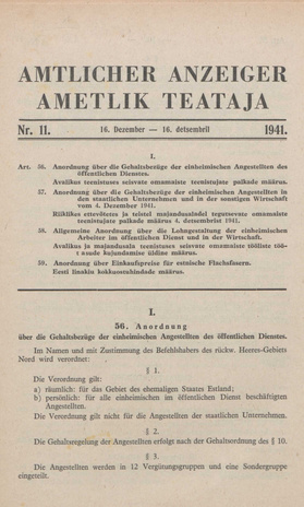 Ametlik Teataja. I/II osa = Amtlicher Anzeiger. I/II Teil ; 11 1941-12-16