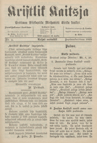 Kristlik Kaitsja : Eesti metodistide häälekandja ; 9 1923-09
