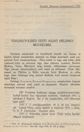 Esiajaloolised Eesti asjad Helsingi Muuseumis
