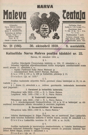 Narva Maleva Teataja ; 21 (186) 1939-10-30