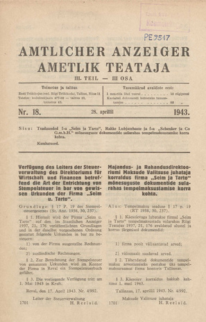 Ametlik Teataja. III osa = Amtlicher Anzeiger. III Teil ; 18 1943-04-28