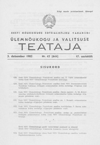 Eesti Nõukogude Sotsialistliku Vabariigi Ülemnõukogu ja Valitsuse Teataja ; 42 (644) 1982-12-03